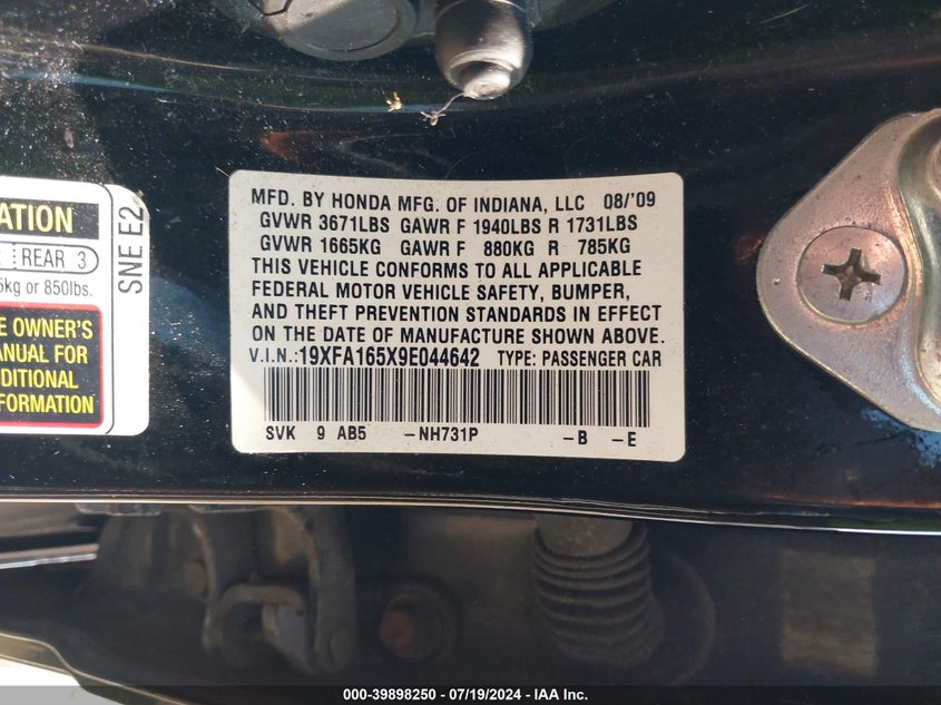 2009 Honda Civic Lx VIN: 19XFA165X9E044642 Lot: 39898250