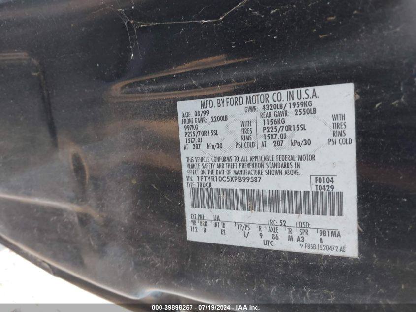1999 Ford Ranger Xl/Xlt VIN: 1FTYR10C5XPB99587 Lot: 39898257