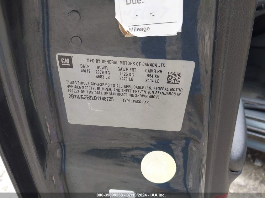 2013 Chevrolet Impala Lt VIN: 2G1WG5E32D1148725 Lot: 39898258