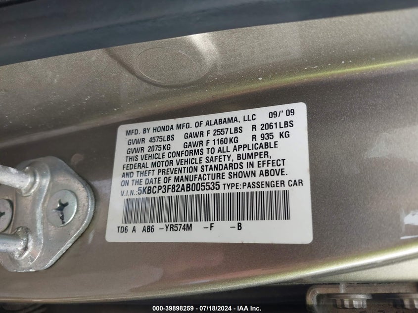 2010 Honda Accord 3.5 Ex-L VIN: 5KBCP3F82AB005535 Lot: 39898259