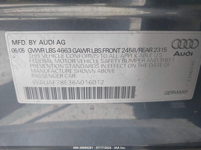 2006 Audi A4 2.0T VIN: WAUAF78E36A016012 Lot: 39898261