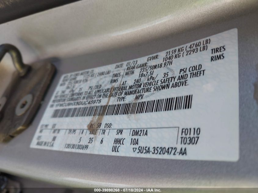 2013 Ford Escape Sel VIN: 1FMCU9HX5DUC45975 Lot: 39898268