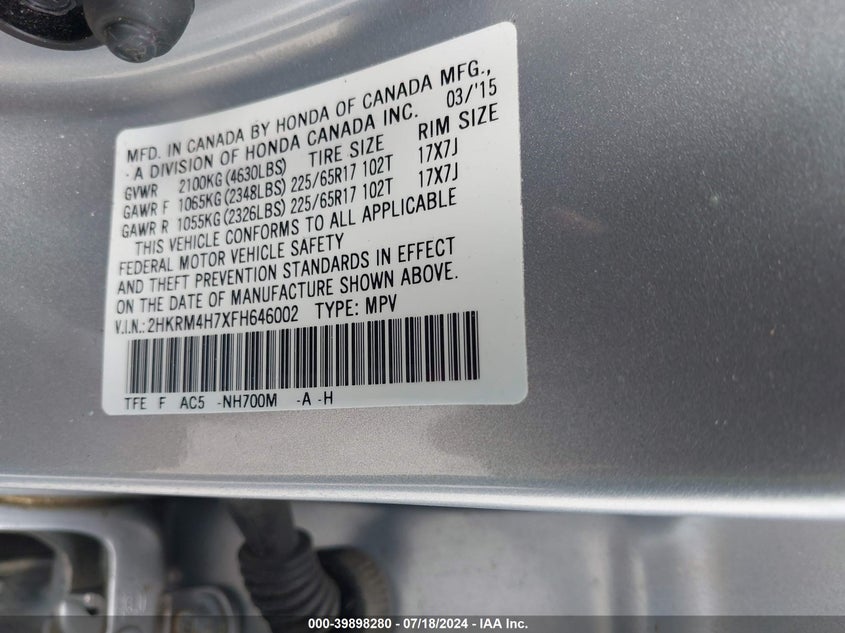 2015 Honda Cr-V Ex-L VIN: 2HKRM4H7XFH646002 Lot: 39898280