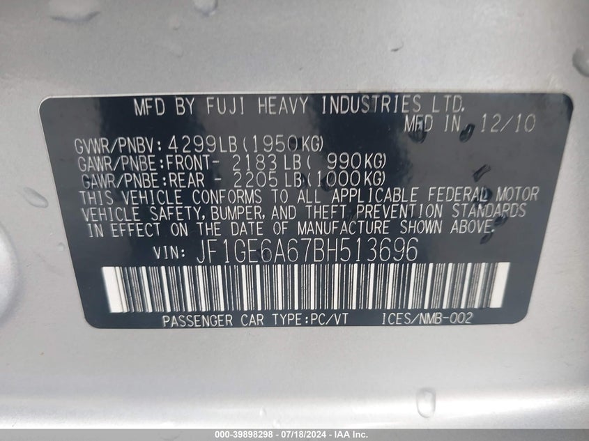 2011 Subaru Impreza 2.5I VIN: JF1GE6A67BH513696 Lot: 39898298