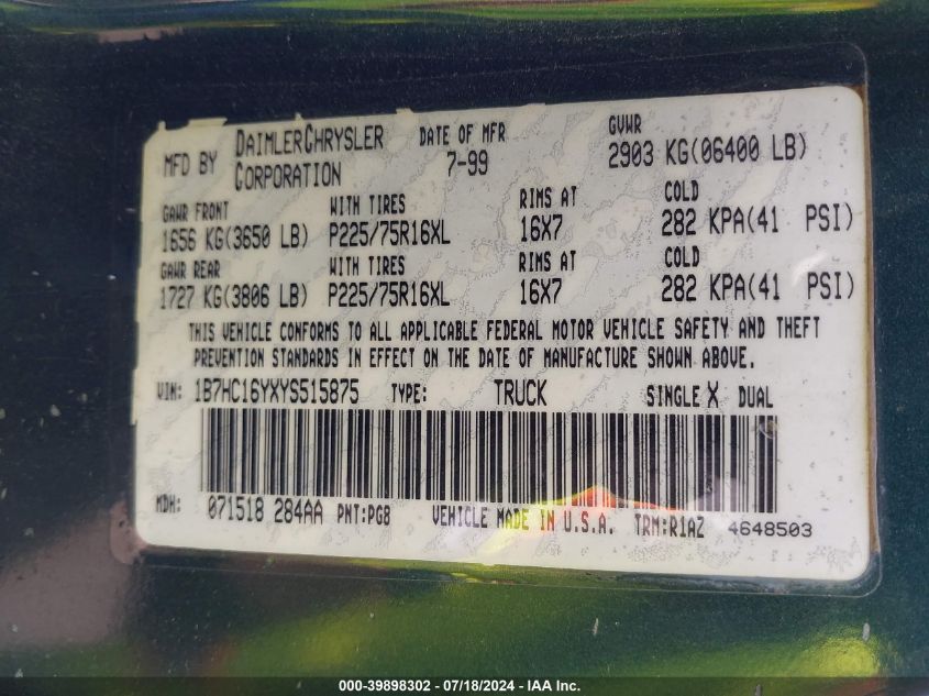 2000 Dodge Ram 1500 St VIN: 1B7HC16YXYS515875 Lot: 39898302