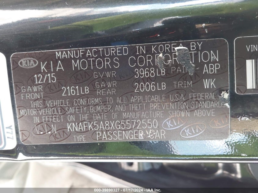 2016 KIA FORTE VIN: KNAFK5A8XG5572550