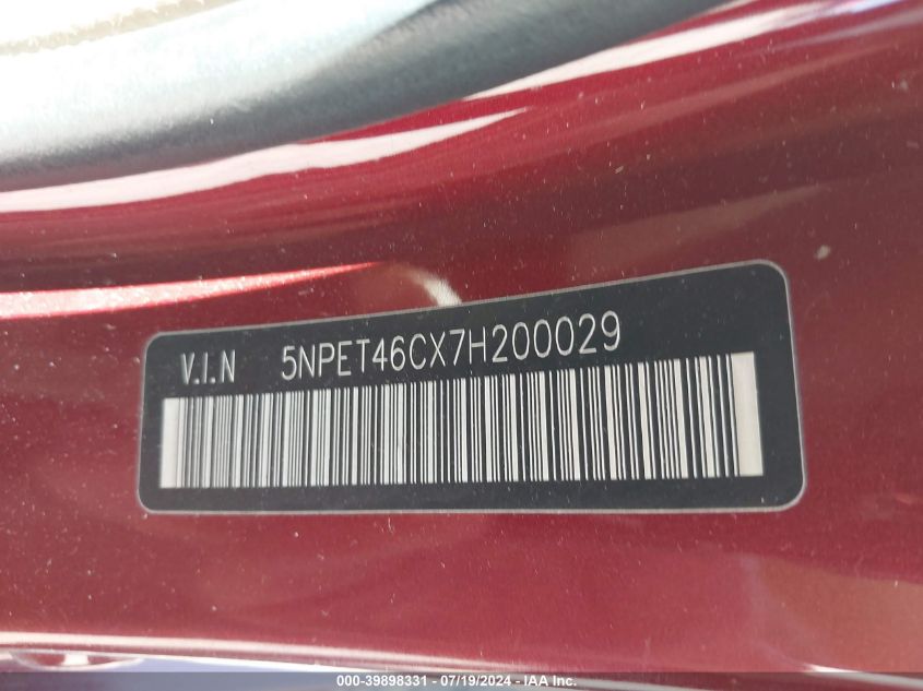 2007 Hyundai Sonata Gls VIN: 5NPET46CX7H200029 Lot: 39898331