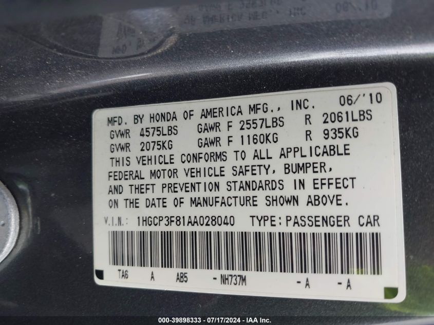 1HGCP3F81AA028040 2010 Honda Accord 3.5 Ex-L