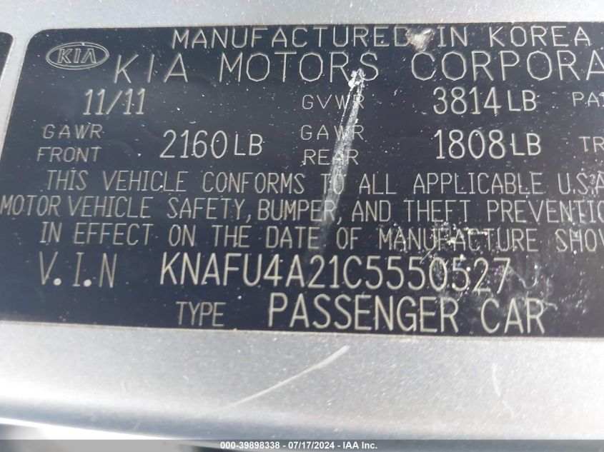 2012 Kia Forte Ex VIN: KNAFU4A21C5550527 Lot: 39898338