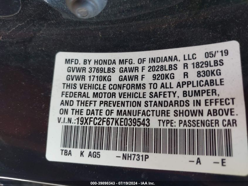 2019 Honda Civic Lx VIN: 19XFC2F67KE039543 Lot: 39898343