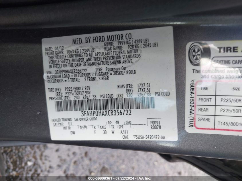2012 Ford Fusion Se VIN: 3FAHP0HAXCR356722 Lot: 39898361