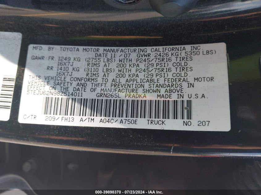 2008 Toyota Tacoma Double Cab Prerunner VIN: 5TEJU62N98Z514011 Lot: 39898370