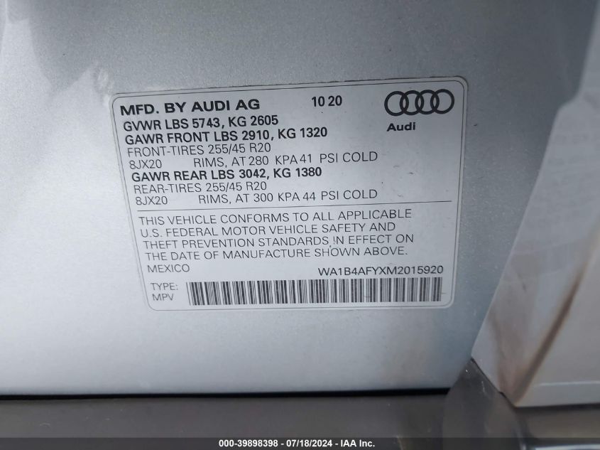 2021 AUDI SQ5 PREMIUM PLUS TFSI QUATTRO TIPTRONIC - WA1B4AFYXM2015920