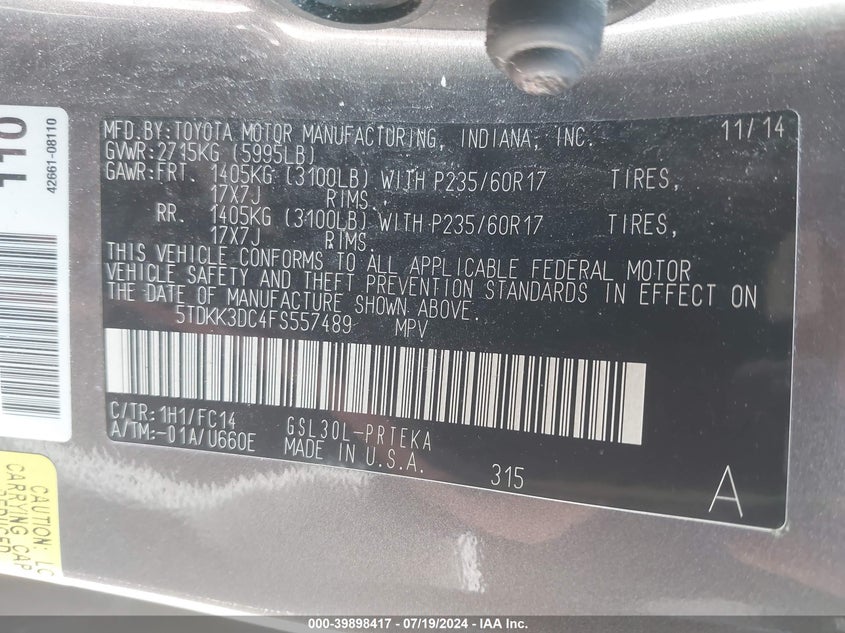 2015 Toyota Sienna Le 8 Passenger VIN: 5TDKK3DC4FS557489 Lot: 39898417
