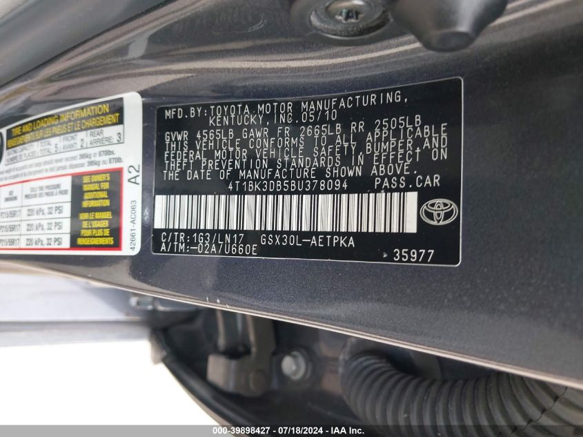 4T1BK3DB5BU378094 2011 Toyota Avalon Limited