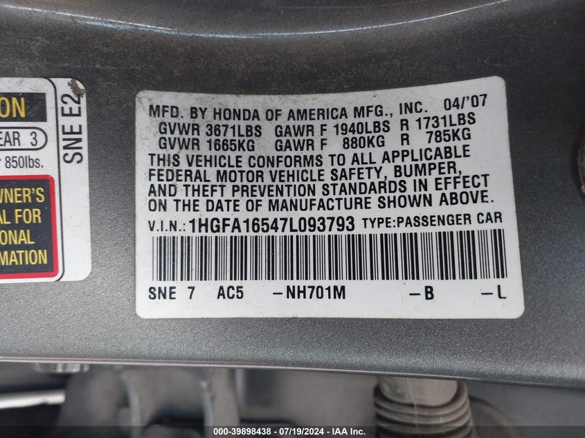 2007 Honda Civic Lx VIN: 1HGFA16547L093793 Lot: 39898438