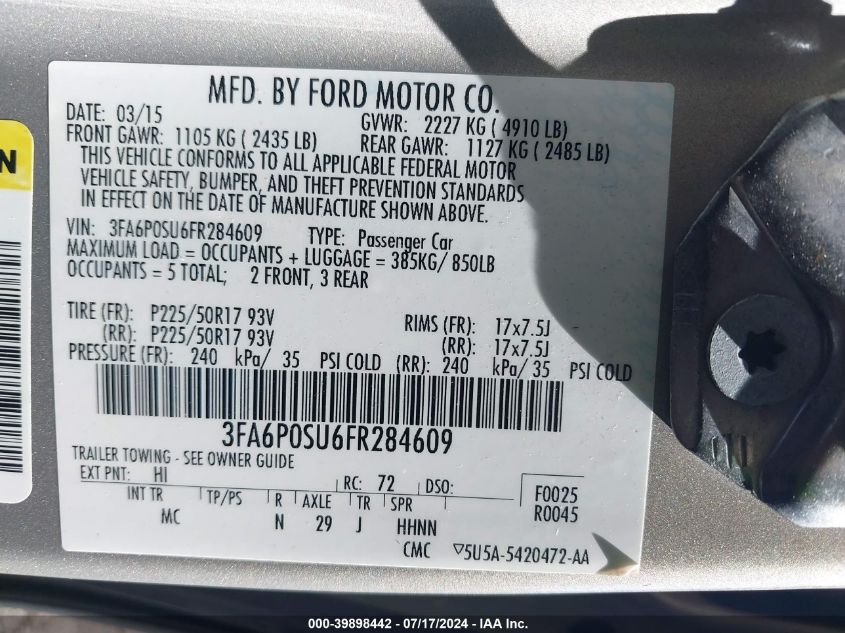 2015 Ford Fusion Energi Titanium VIN: 3FA6P0SU6FR284609 Lot: 39898442