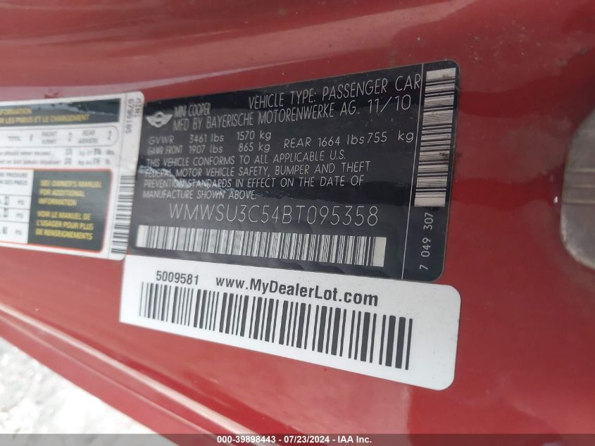 2011 Mini Cooper VIN: WMWSU3C54BT095358 Lot: 39898443