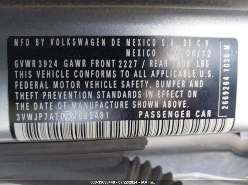 2012 Volkswagen Beetle 2.5L VIN: 3VWJP7AT0CM665481 Lot: 39898448