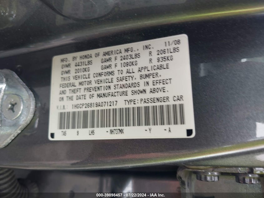2009 Honda Accord 2.4 Ex-L VIN: 1HGCP26819A071217 Lot: 39898457