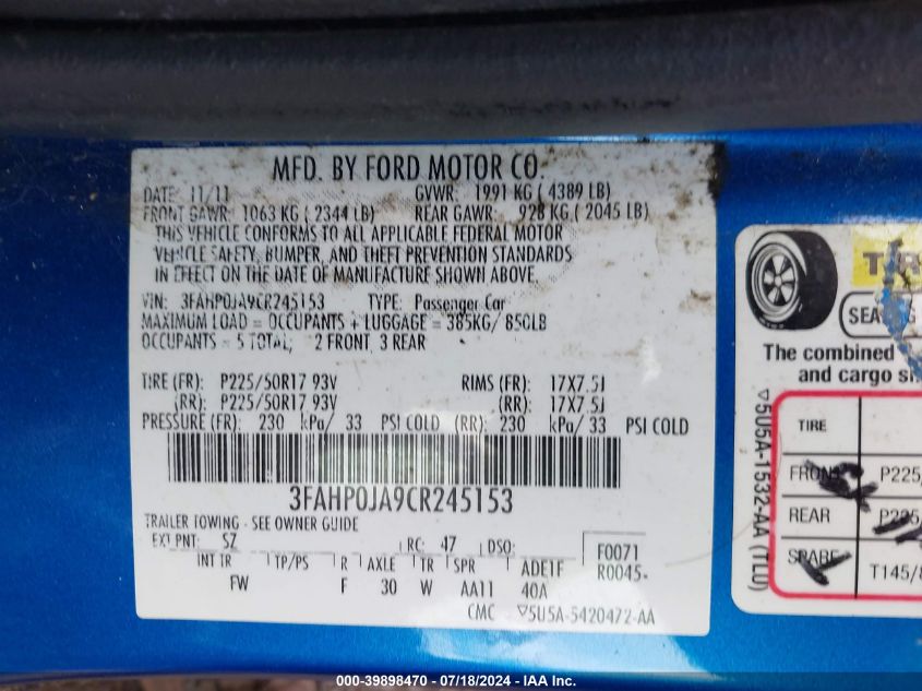 2012 Ford Fusion Sel VIN: 3FAHP0JA9CR245153 Lot: 39898470