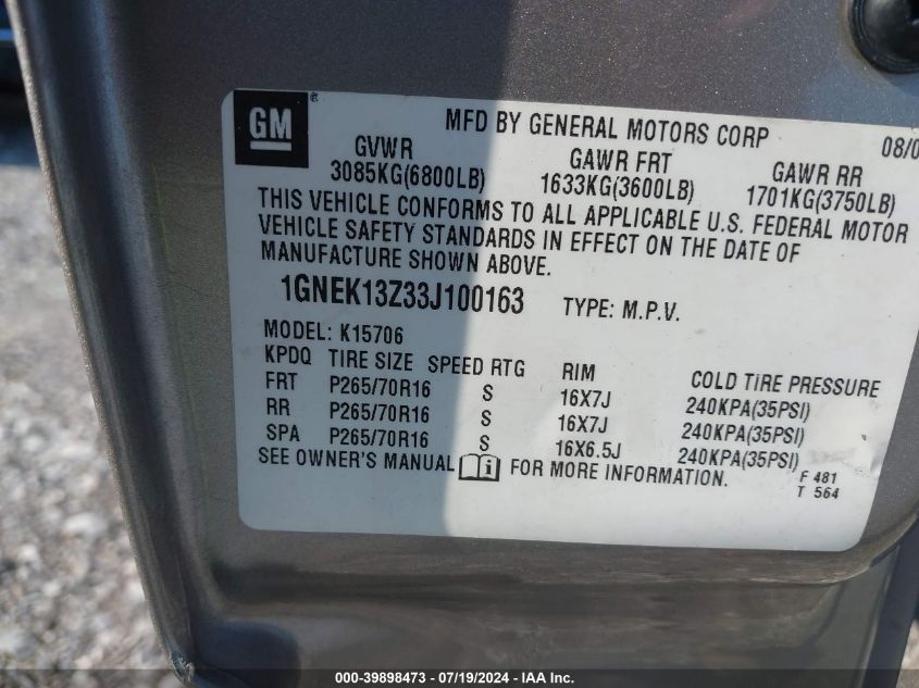 2003 Chevrolet Tahoe K1500 VIN: 1GNEK13Z33J100163 Lot: 39898473