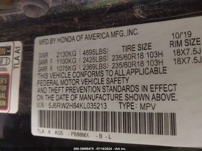 2019 Honda Cr-V Exl VIN: 5J6RW2H84KL035213 Lot: 39898475