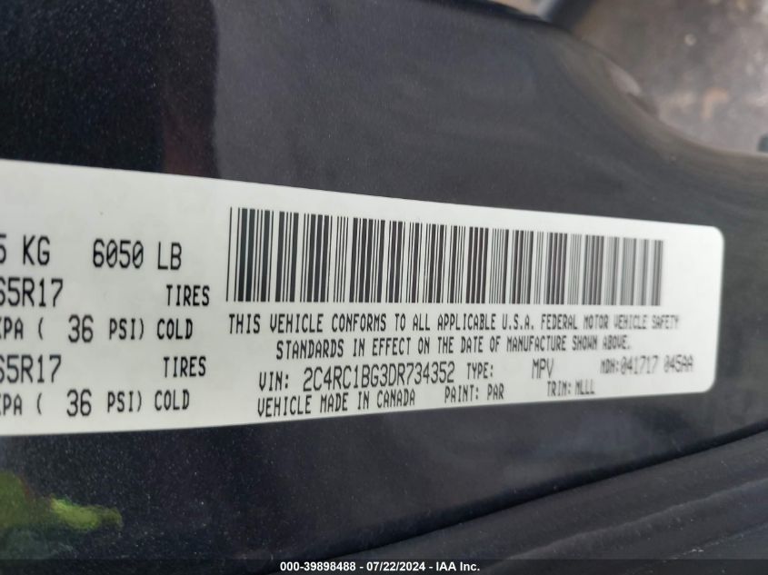 2013 Chrysler Town & Country Touring VIN: 2C4RC1BG3DR734352 Lot: 39898488