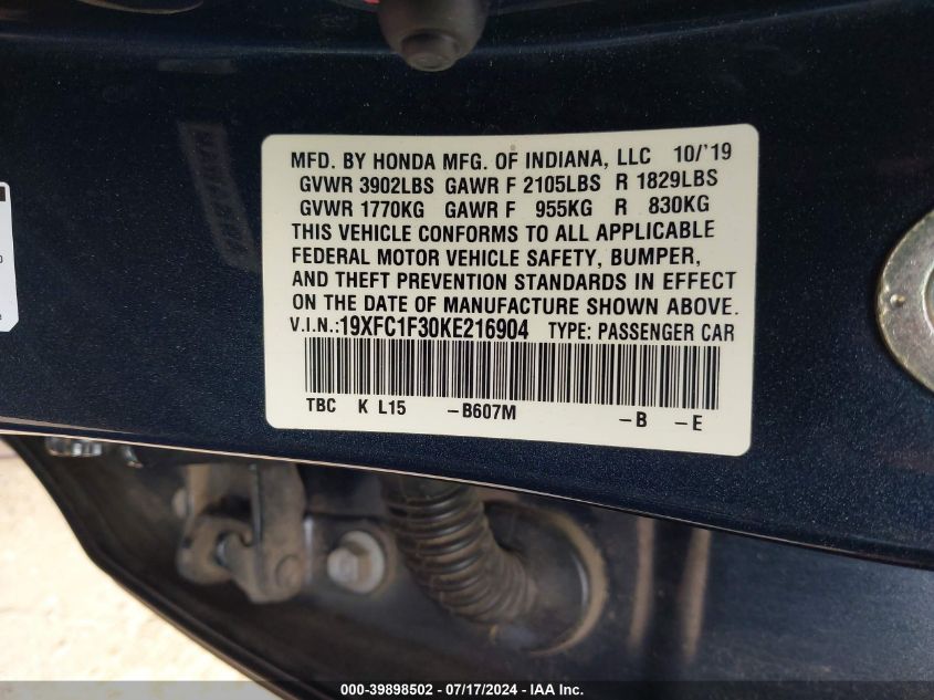 2019 Honda Civic Ex VIN: 19XFC1F30KE216904 Lot: 39898502