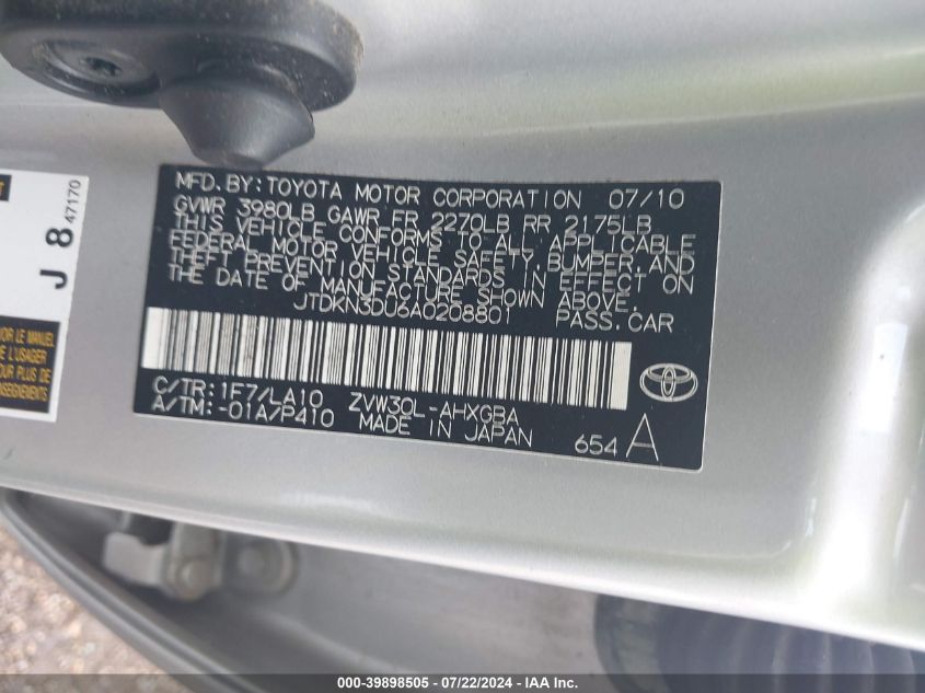 2010 Toyota Prius Iv VIN: JTDKN3DU6A0208801 Lot: 39898505