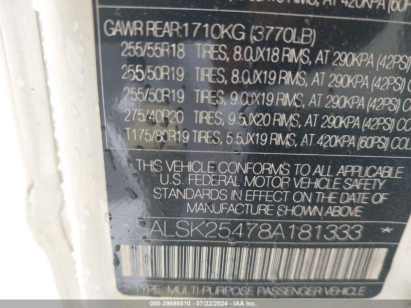 2008 Land Rover Range Rover Sport Hse VIN: SALSK25478A181333 Lot: 39898510