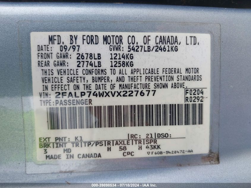 1997 Ford Crown Victoria Lx VIN: 2FALP74WXVX227677 Lot: 39898534