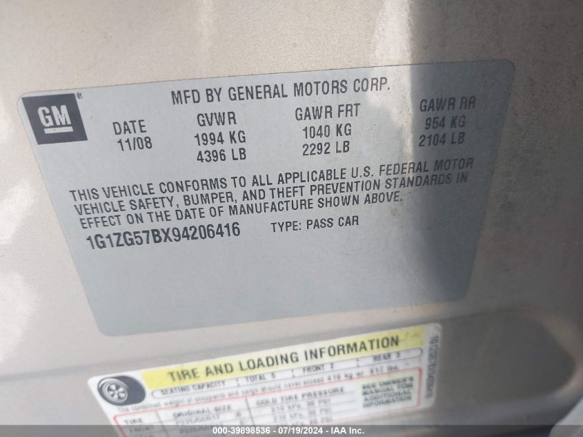 1G1ZG57BX94206416 | 2009 CHEVROLET MALIBU