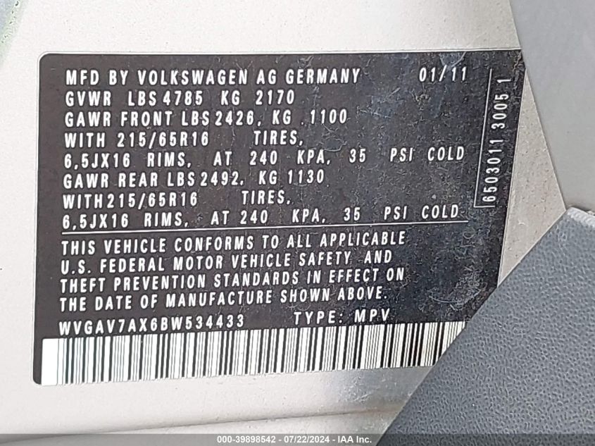 2011 Volkswagen Tiguan S VIN: WVGAV7AX6BW534433 Lot: 39898542