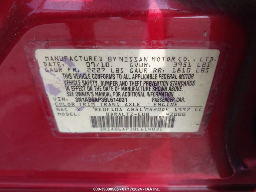 2011 Nissan Sentra 2.0S VIN: 3N1AB6AP3BL614031 Lot: 39898565