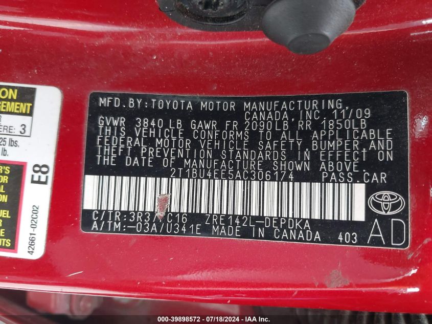 2010 Toyota Corolla Le VIN: 2T1BU4EE5AC306174 Lot: 39898572