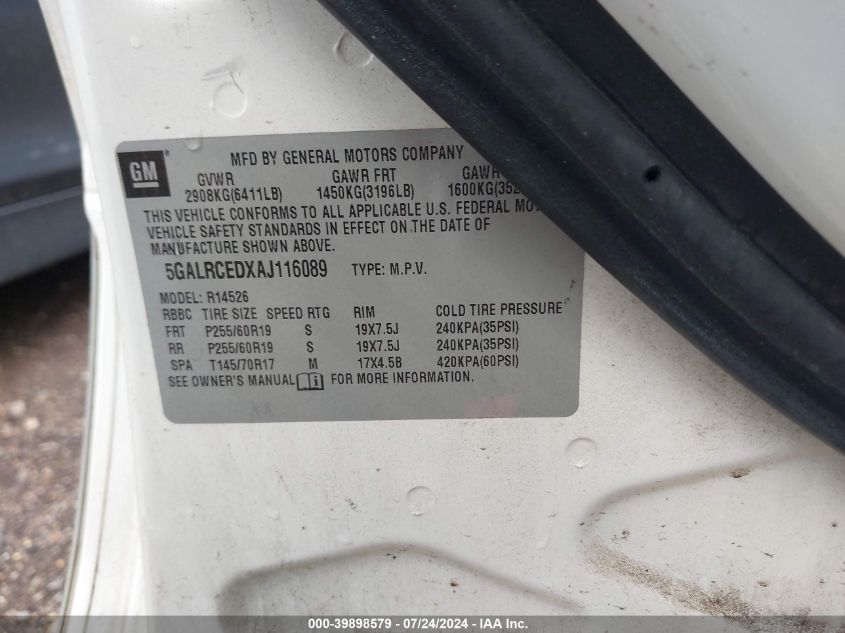 2010 Buick Enclave 2Xl VIN: 5GALRCEDXAJ116089 Lot: 39898579