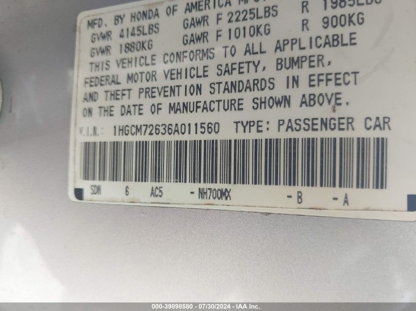 2006 Honda Accord 2.4 Ex VIN: 1HGCM72636A011560 Lot: 39898580