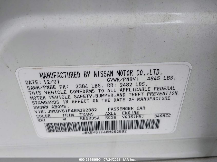 2008 Infiniti G35X VIN: JNKBV61F48M262882 Lot: 39898590