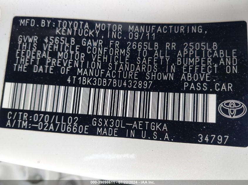 2011 Toyota Avalon VIN: 4T1BK3DB7BU432897 Lot: 39898611