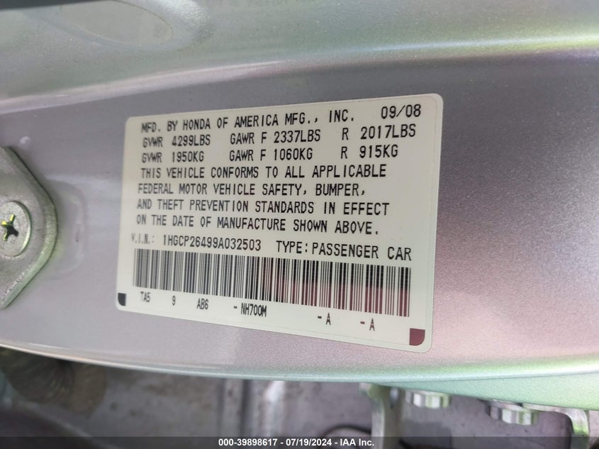 2009 Honda Accord 2.4 Lx-P VIN: 1HGCP26499A032503 Lot: 39898617