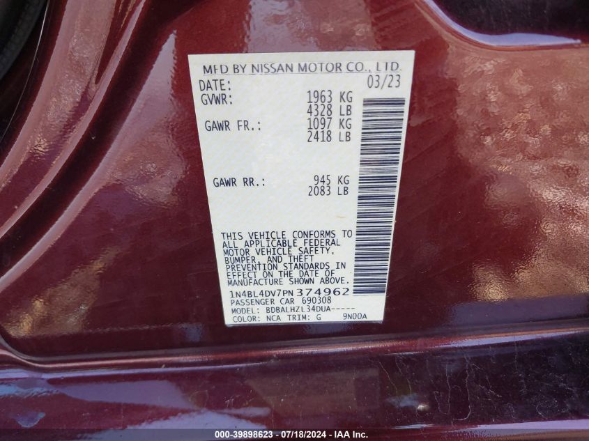 1N4BL4DV7PN374962 2023 Nissan Altima Sv Fwd