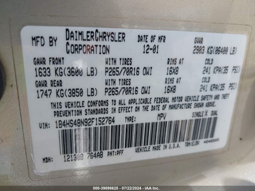 2002 Dodge Durango Slt VIN: 1B4HS48N92F152764 Lot: 39898625