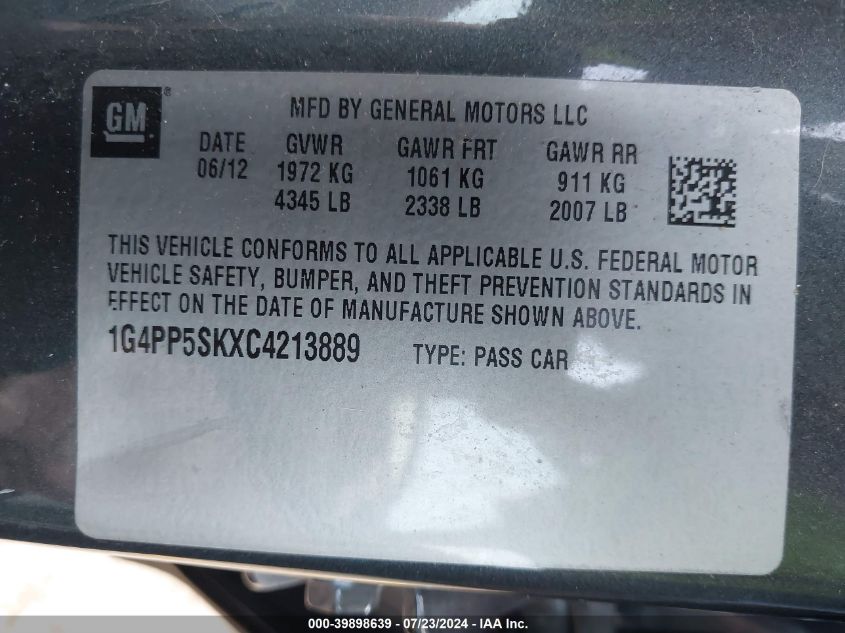 2012 Buick Verano VIN: 1G4PP5SKXC4213889 Lot: 39898639