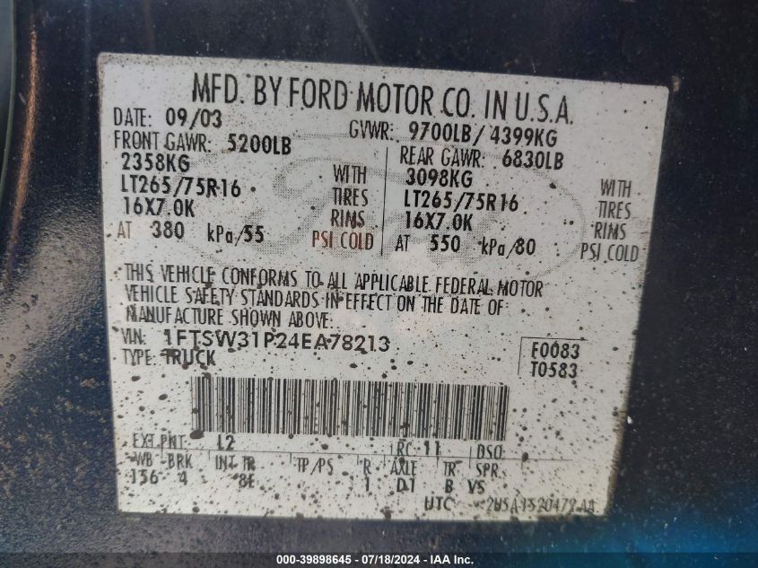 2004 Ford F-350 Lariat/Xl/Xlt VIN: 1FTSW31P24EA78213 Lot: 39898645