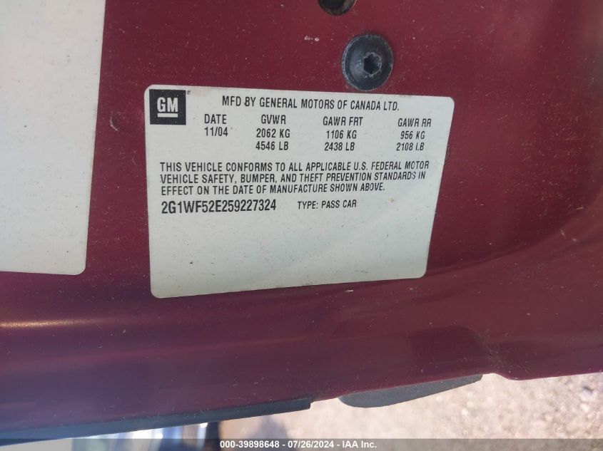 2005 Chevrolet Impala VIN: 2G1WF52E259227324 Lot: 39898648