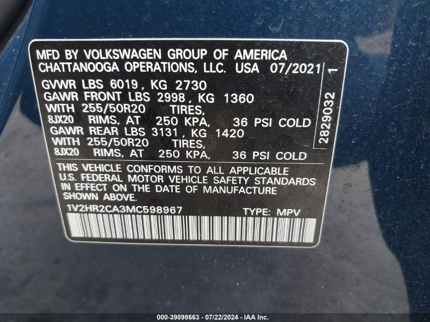 2021 Volkswagen Atlas 3.6L V6 Se W/Technology VIN: 1V2HR2CA3MC598967 Lot: 39898663