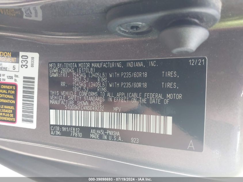 2022 Toyota Sienna Xse VIN: 5TDDSKFC4NS049232 Lot: 39898693