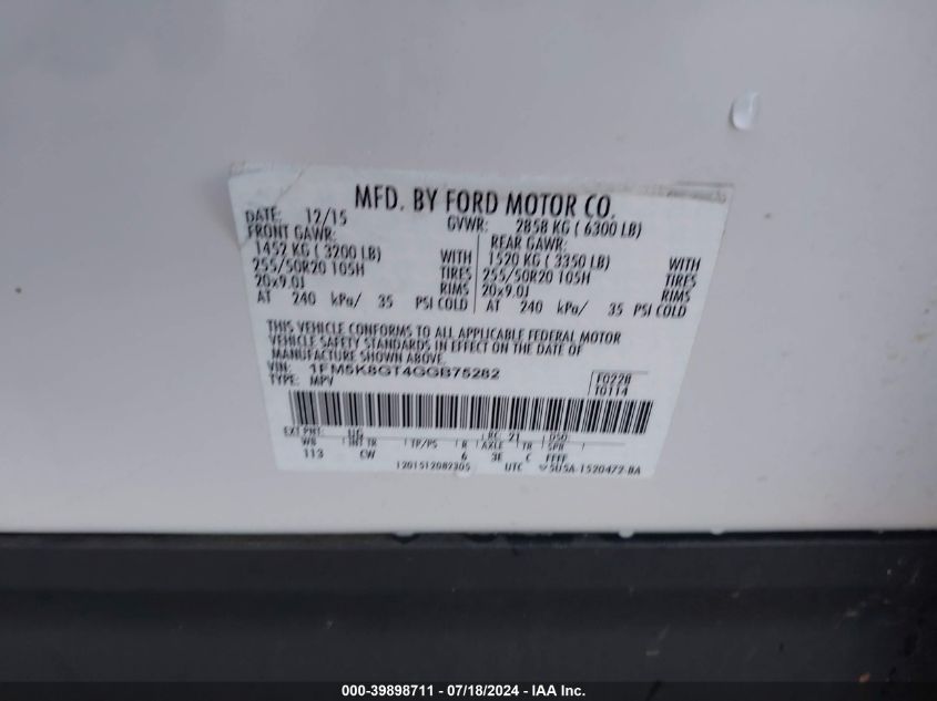 2016 Ford Explorer Sport VIN: 1FM5K8GT4GGB75282 Lot: 39898711
