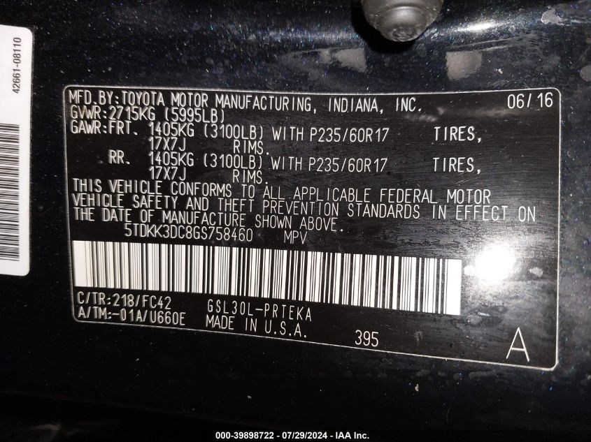 2016 Toyota Sienna Le VIN: 5TDKK3DC8GS75846 Lot: 39898722